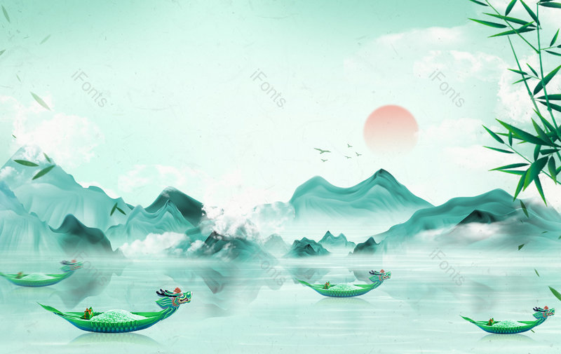 绿色山水意境端午节划龙舟展板背景,插画/手绘图,插画/手绘图库,插画/手绘图下载,插画/手绘